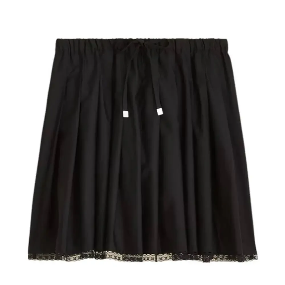 J CREW Pleated Tie Waist Mini Skirt Lace Trim Black Cotton Sz S NWT Preppy